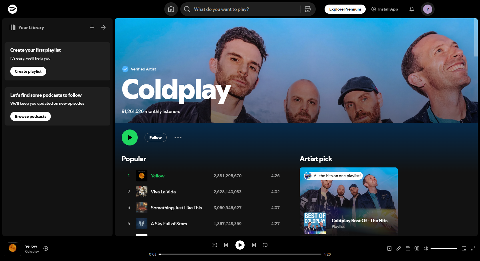 Interface Spotify Coldplay