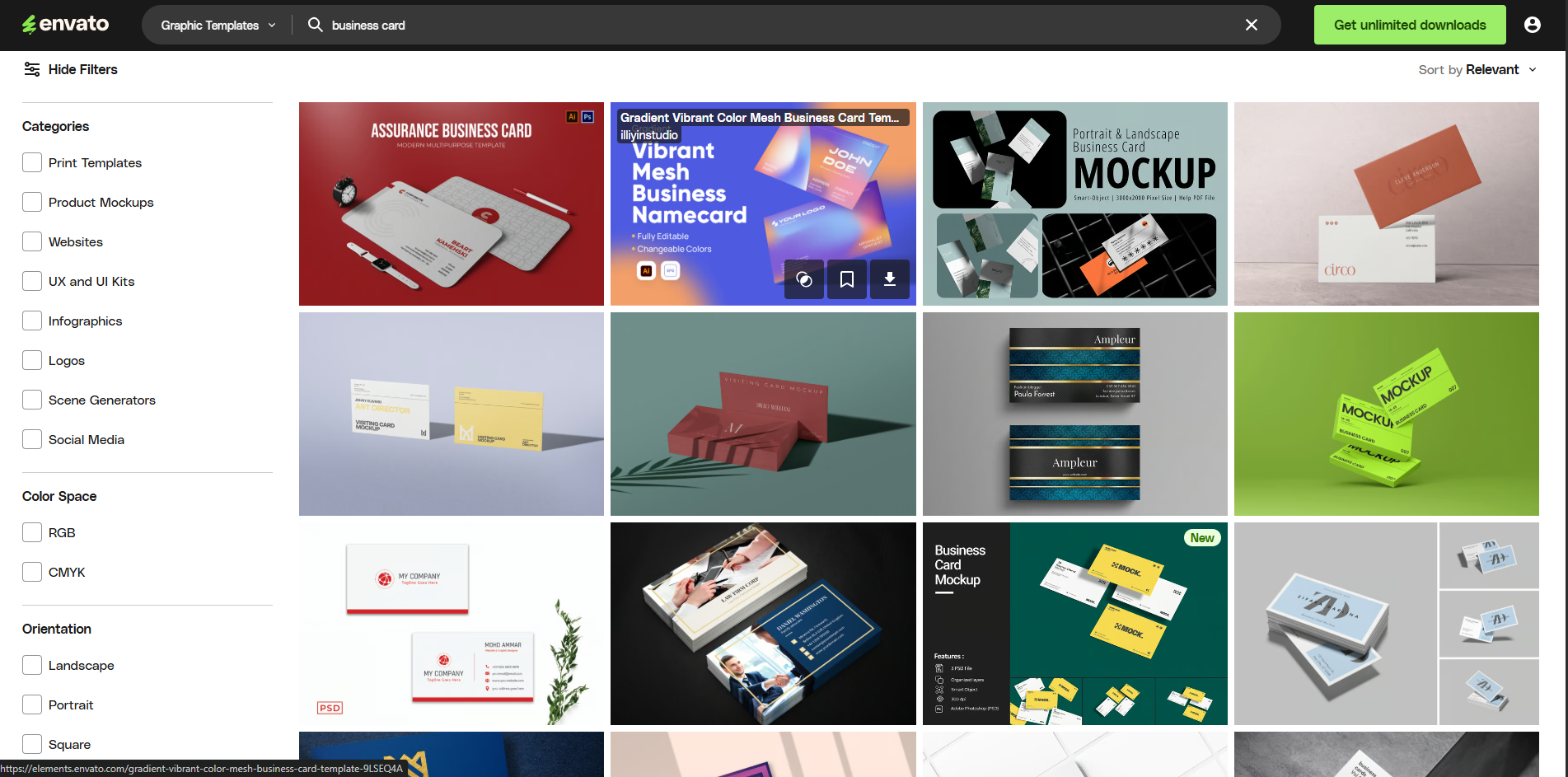 Interface of Envato - an accessible site to find business card templates for Photoshop