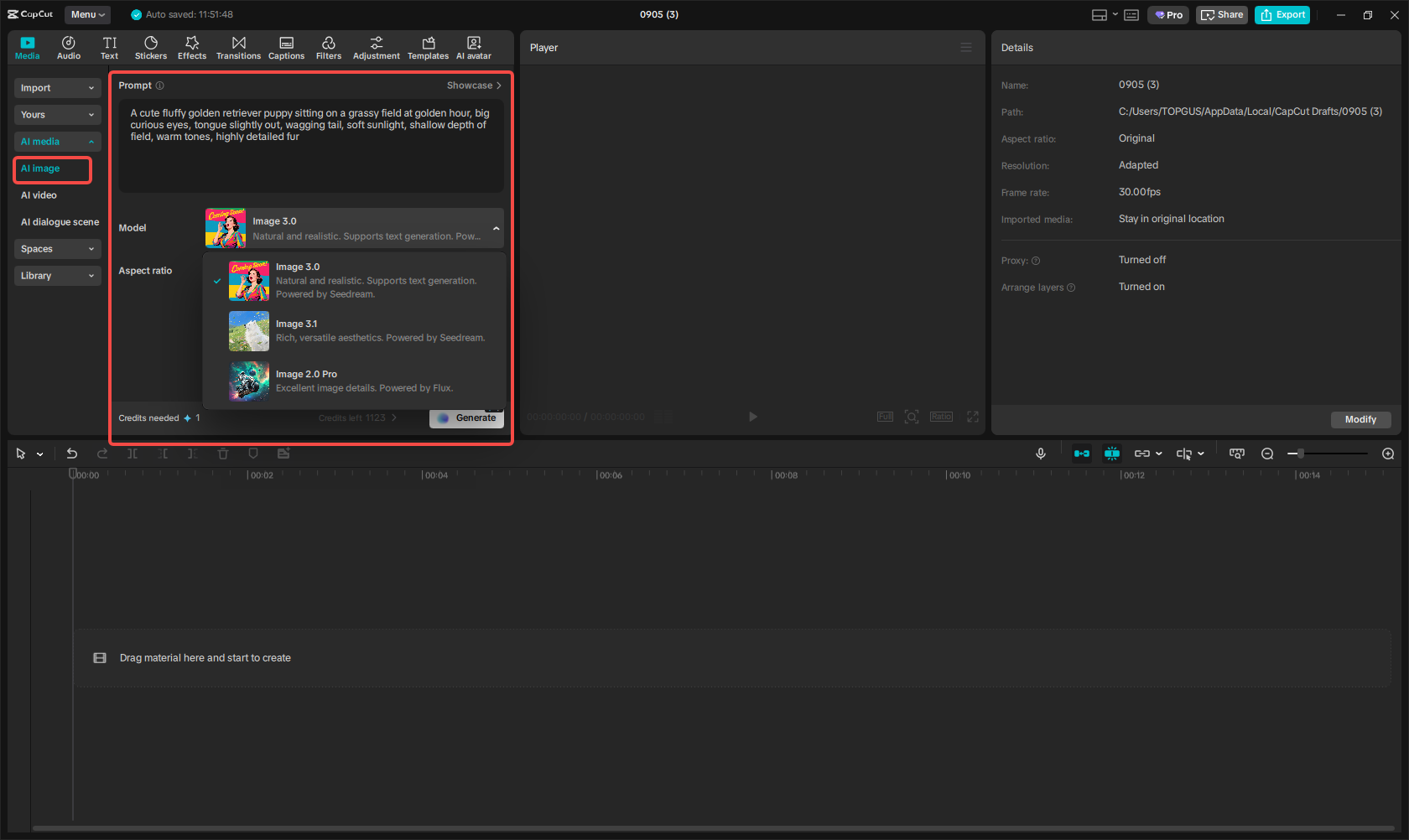 Accessing the AI image feature in CapCut