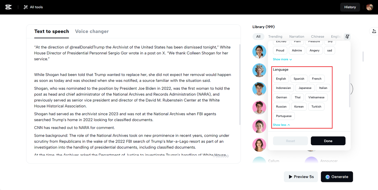 Multilingual AI text-to-voice conversion
