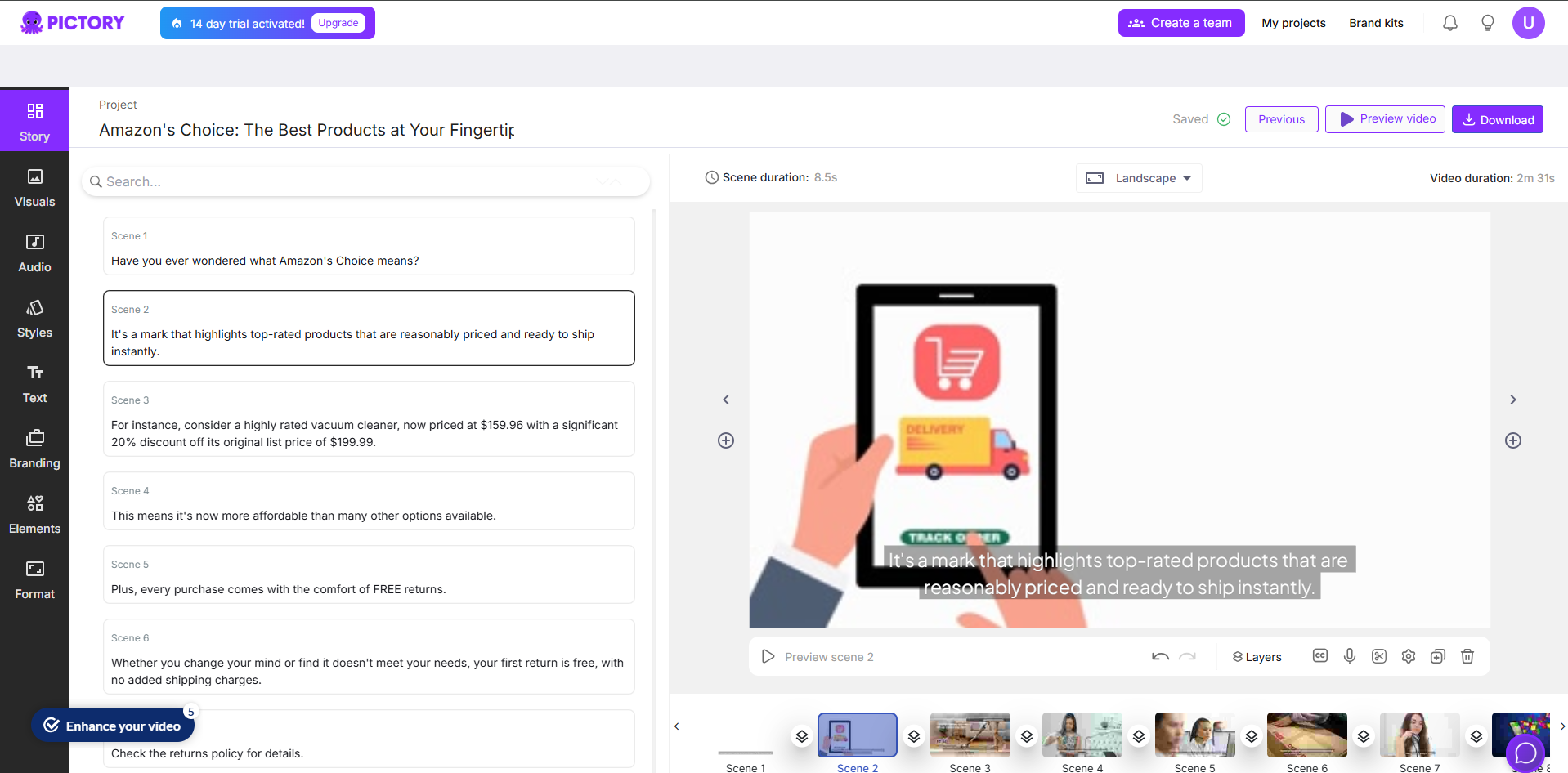 Interface of Pictory - a free online URL to video generator