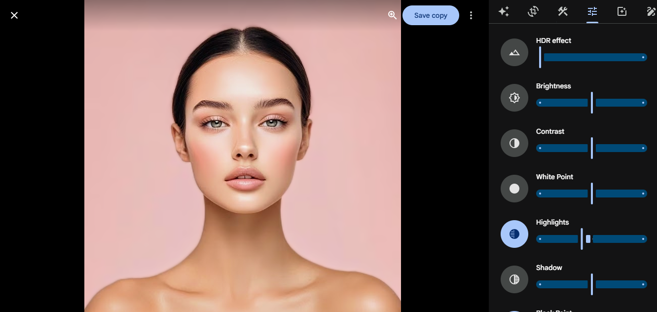 Google Photos's adjust option for image editing