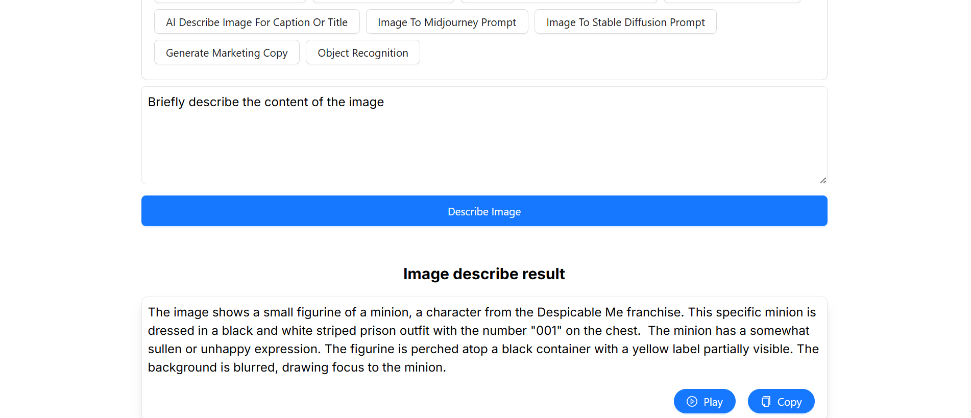 Image Describer result showing an AI-generated description of a figurine photo
