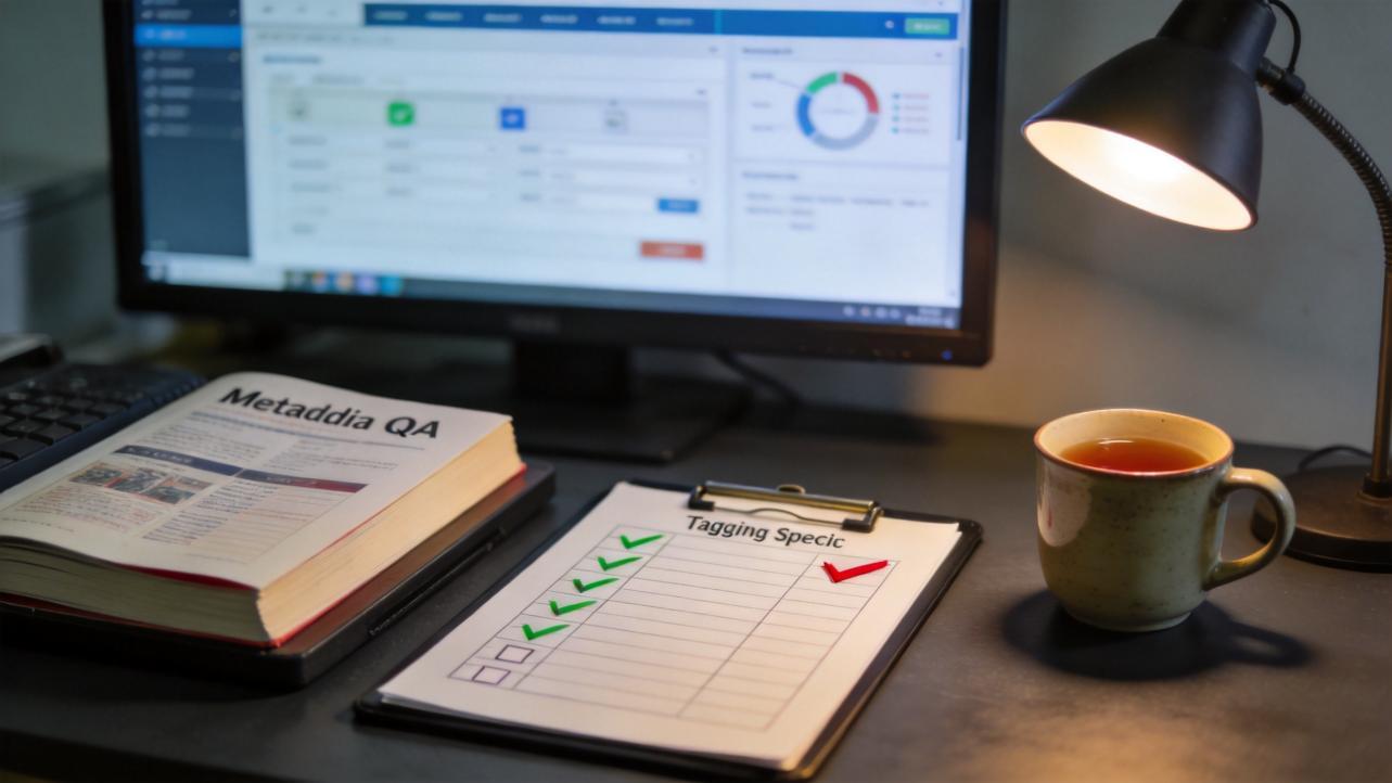 Desk with metadata QA book, tagging checklist, monitor dashboard, and a lit lamp beside a mug