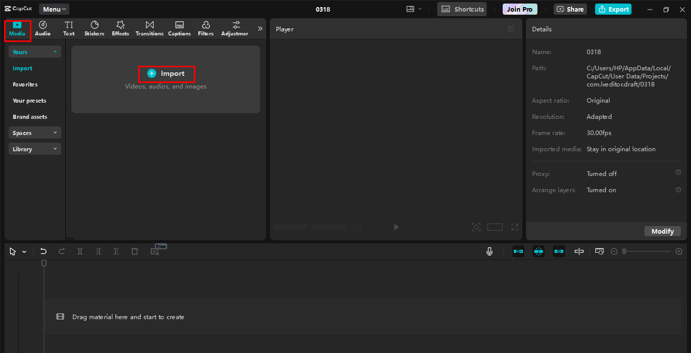 Importing the video in the CapCut desktop video editor