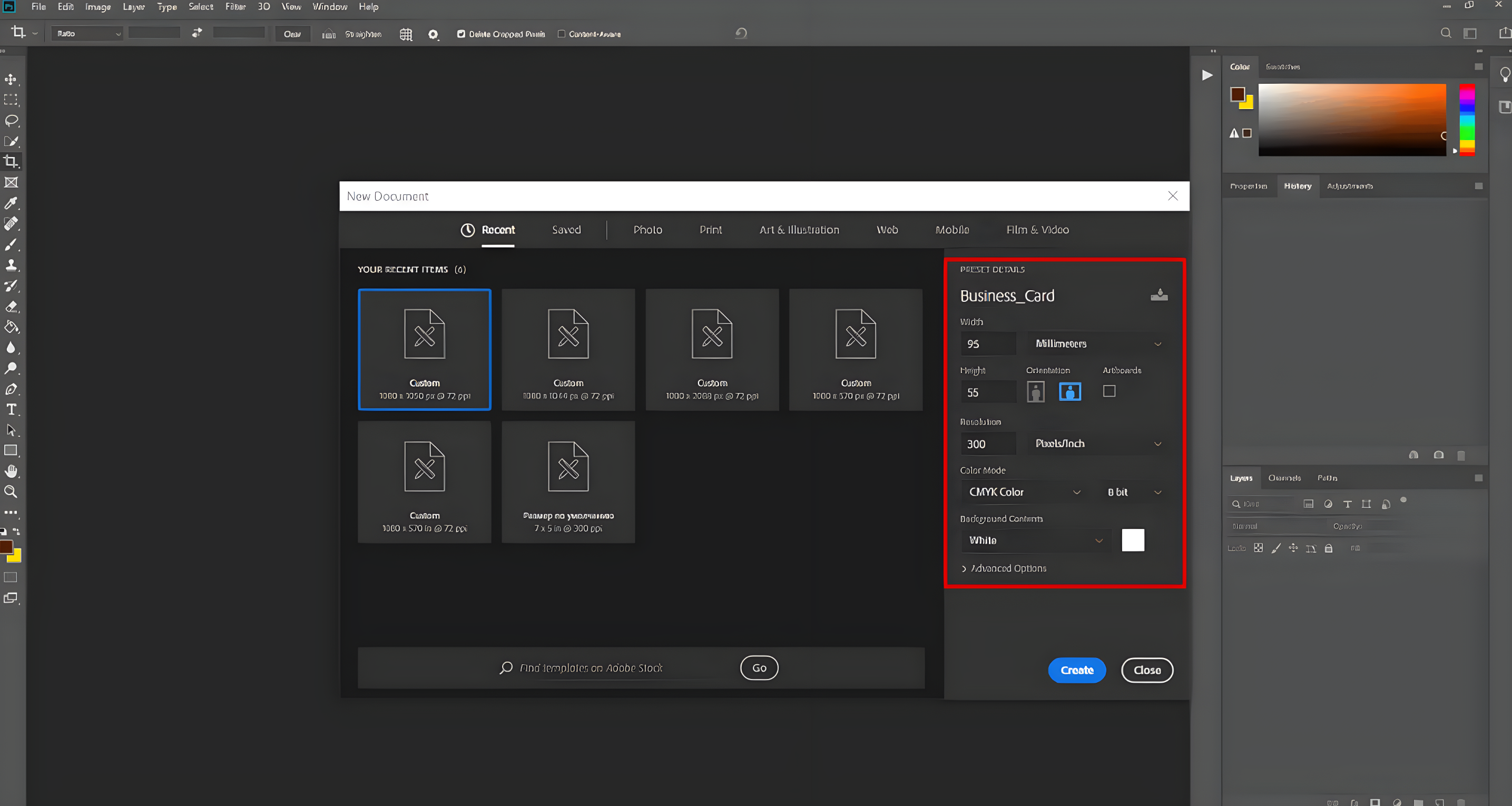 Setting up the business card size in Photoshop