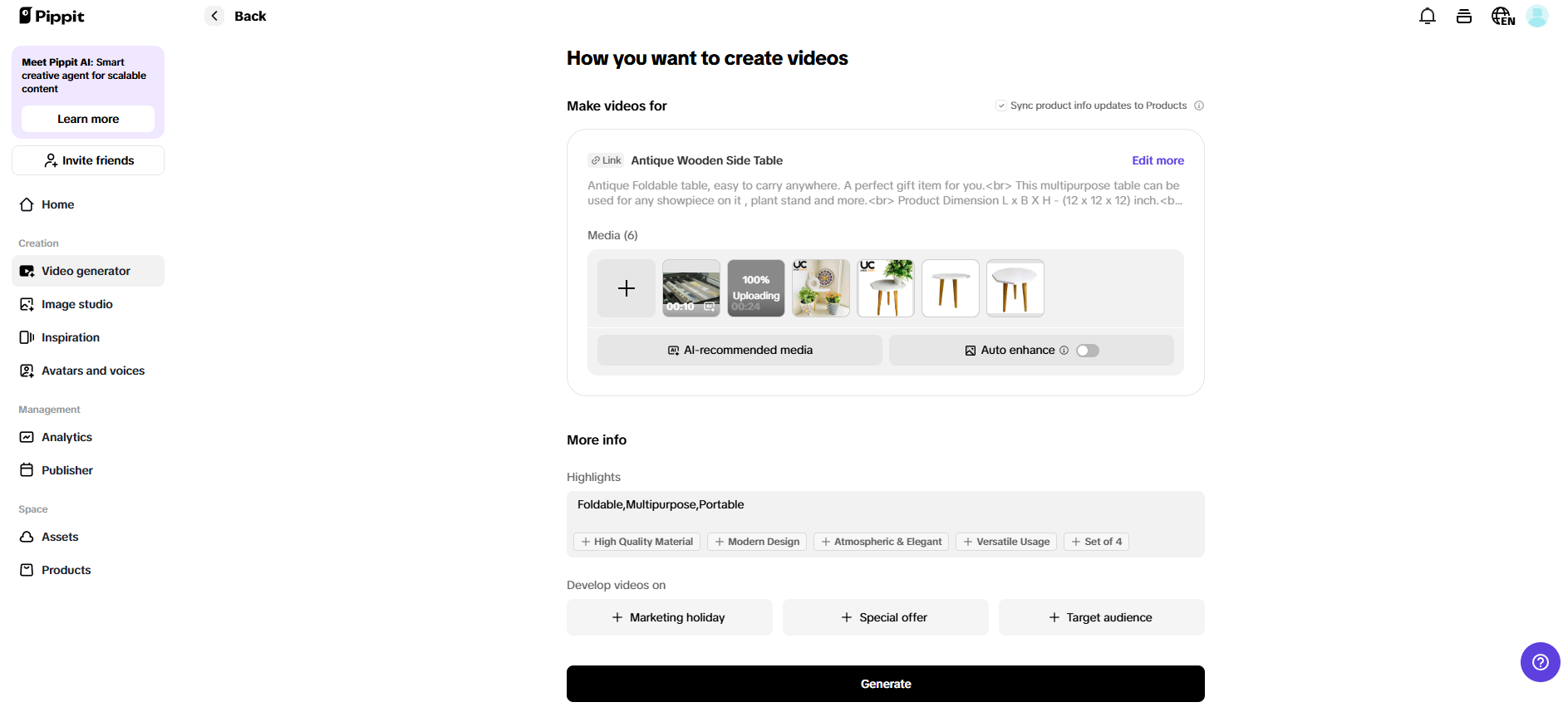 Confirm settings and generate