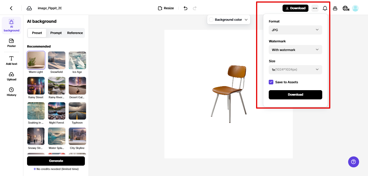 exporting product images from Pippit