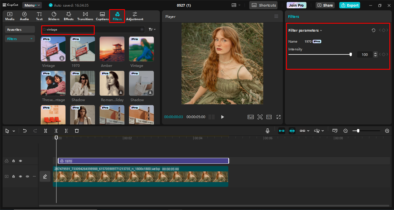 Applicare un filtro vintage all'immagine nell' CapCut editor video desktop