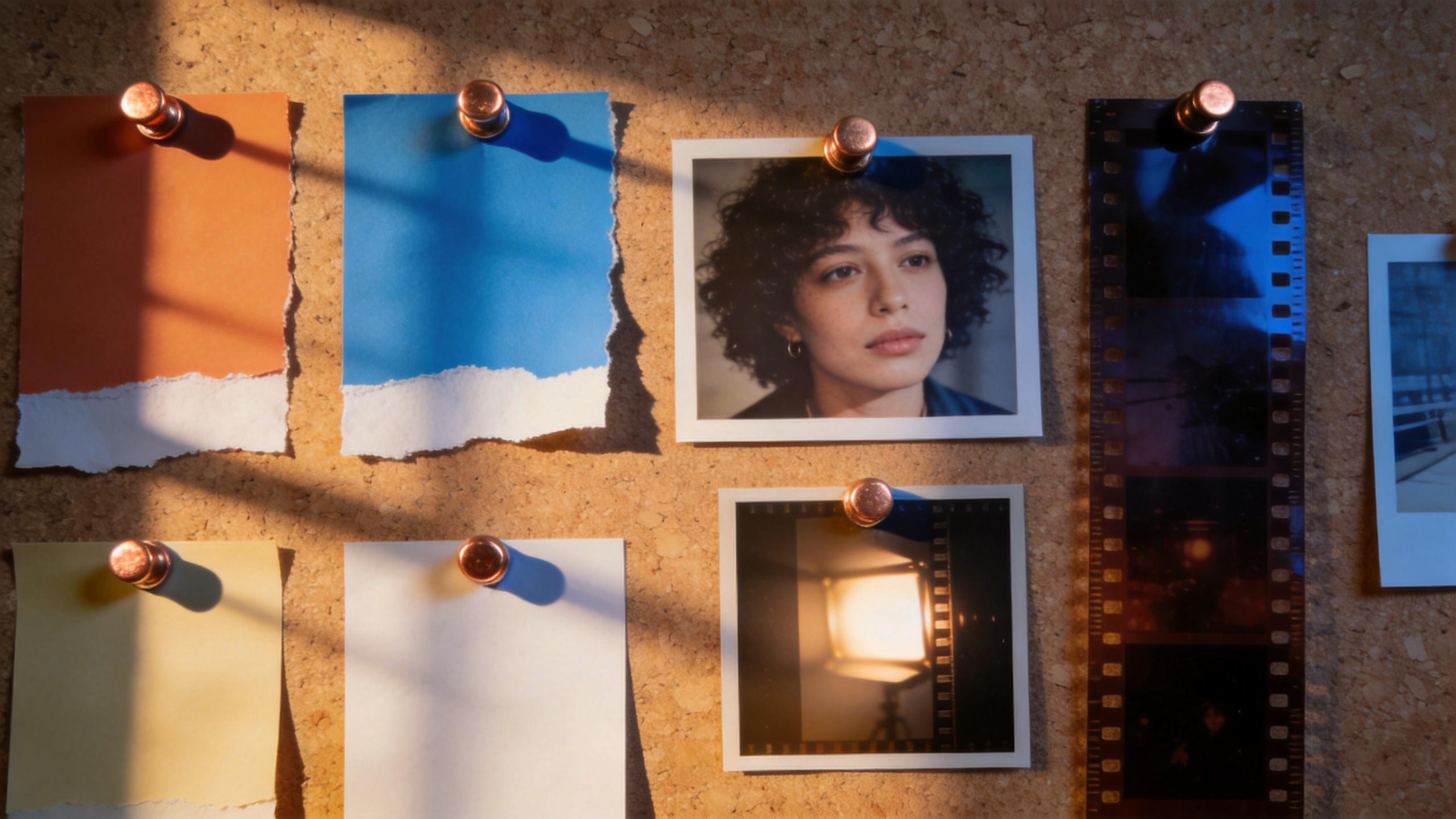 Pinned color swatches, portrait print, and film strips on a cork board