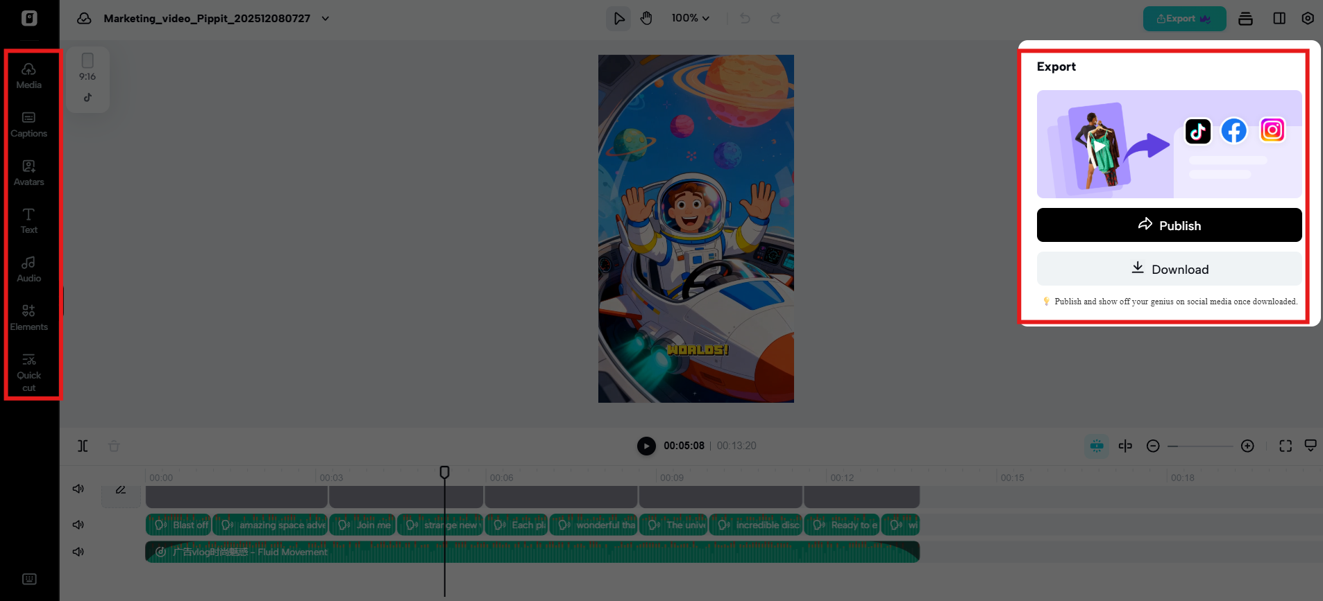 Refine, export and publish video