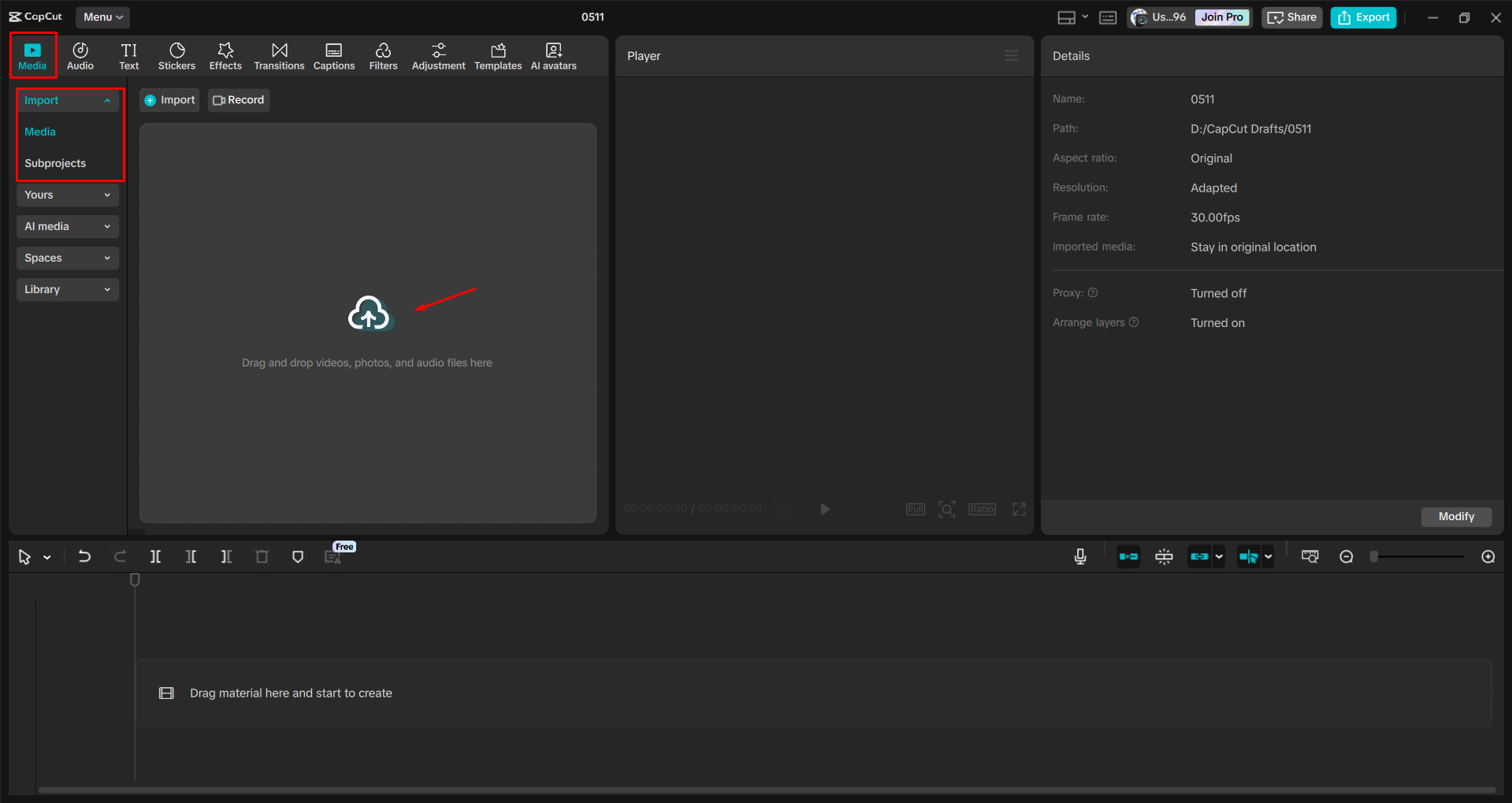 Importar um vídeo para o editor de vídeo de desktop CapCut