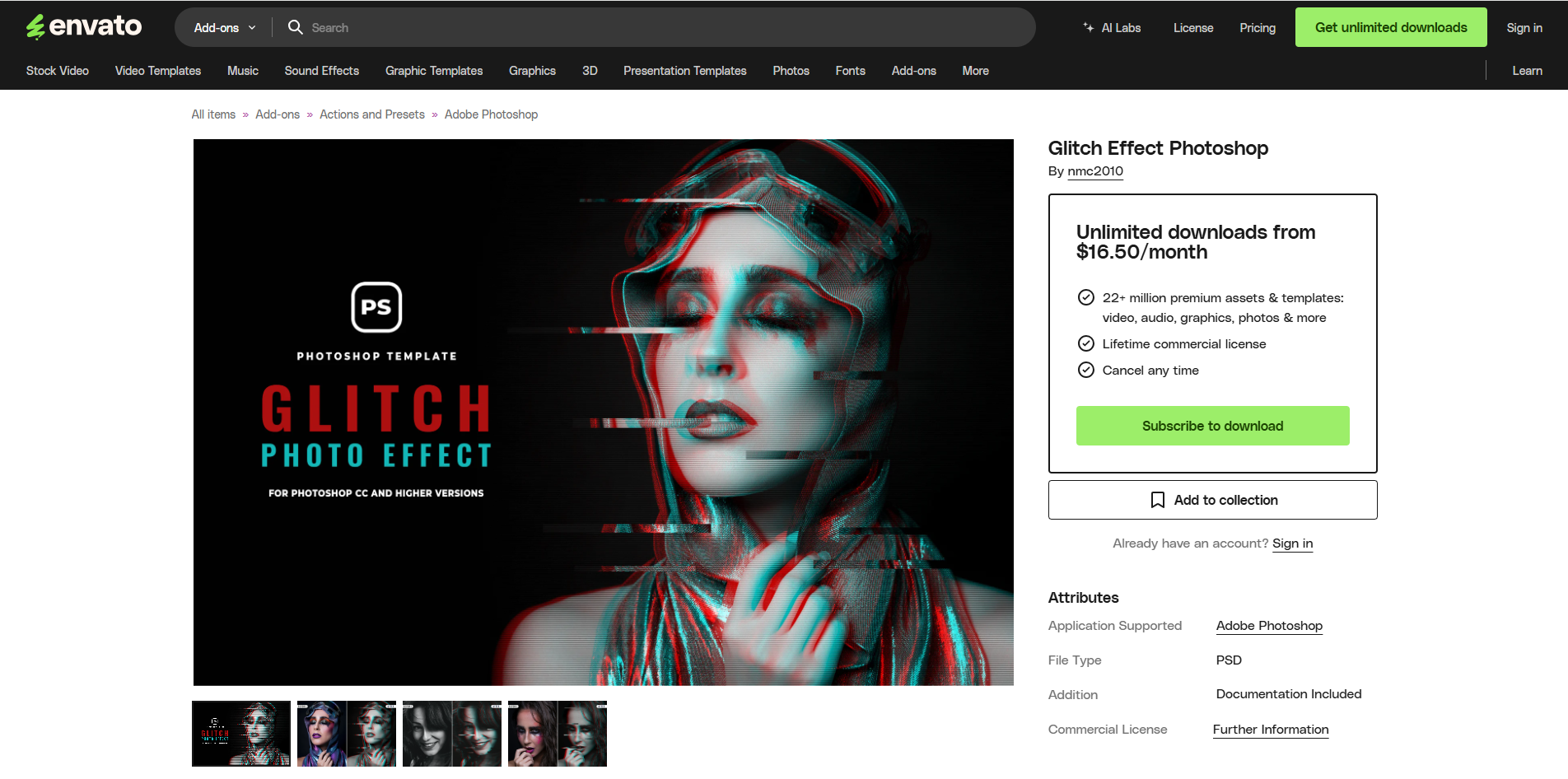 Interfaccia di Envato Elements - una risorsa preziosa per gli effetti glitch di Photoshop