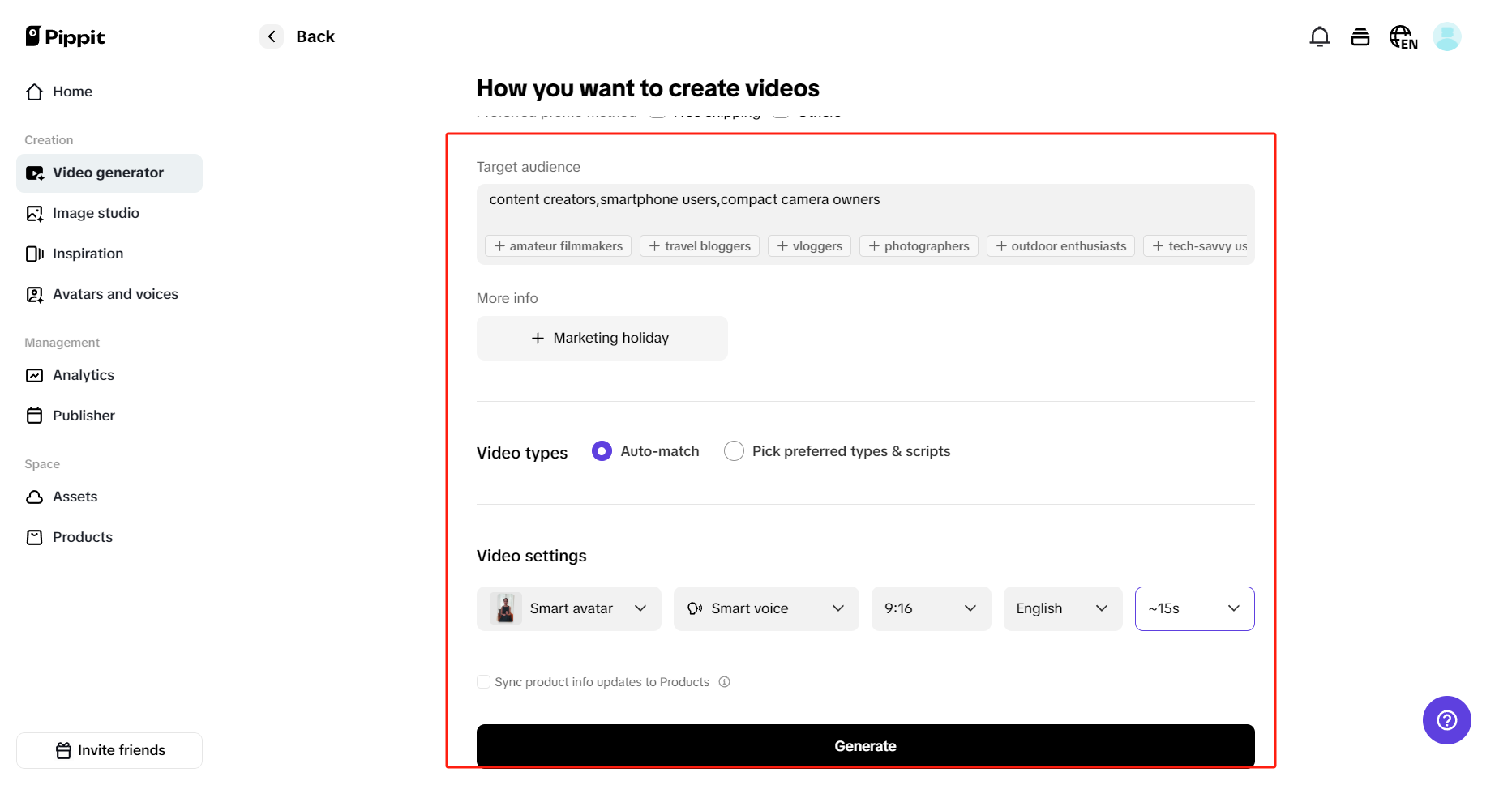Select your preferences and generate