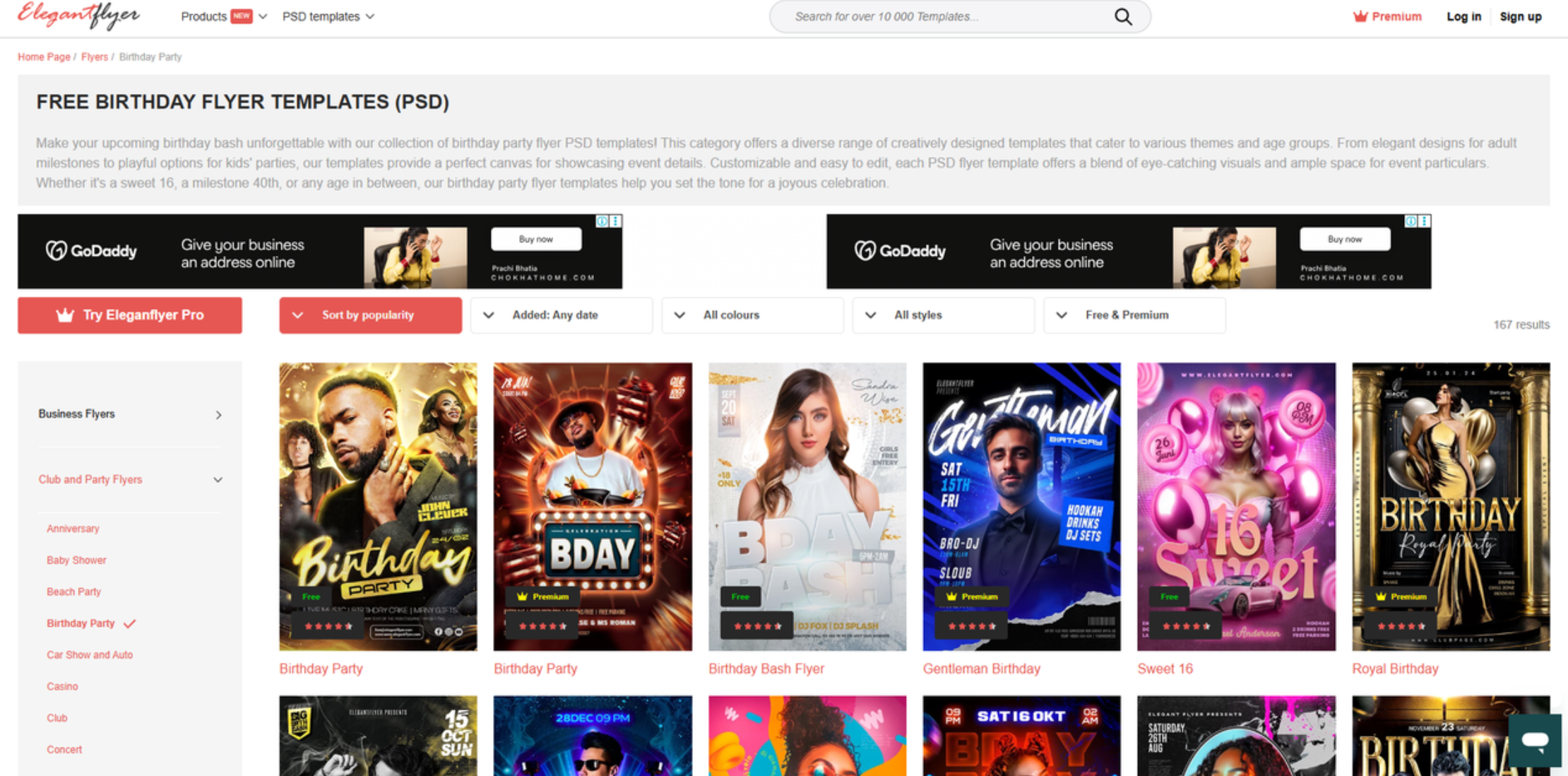 Interface of ElegantFlyer - an online resource for diverse birthday flyer templates