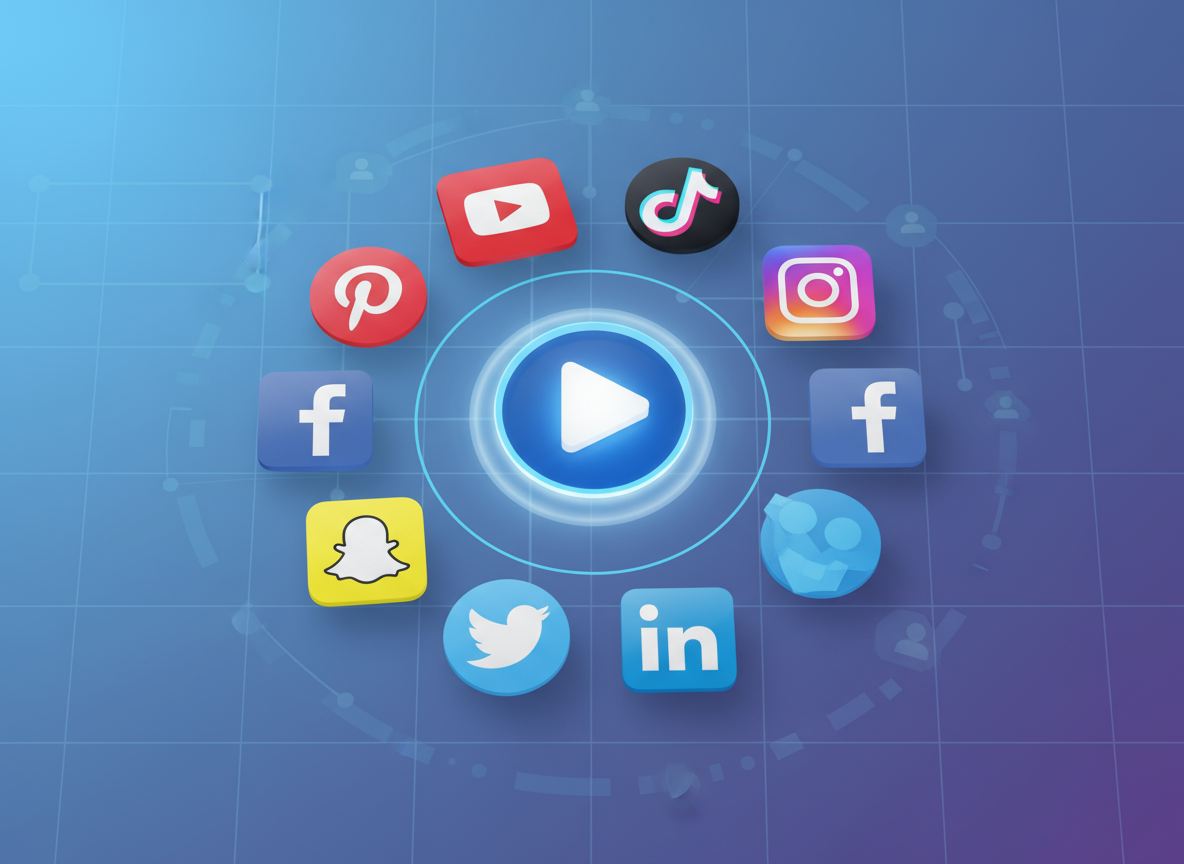 En central videospelarikon omgiven av logotyper på populära sociala medieplattformar som YouTube, TikTok och Instagram, vilket indikerar beredskap för social delning.