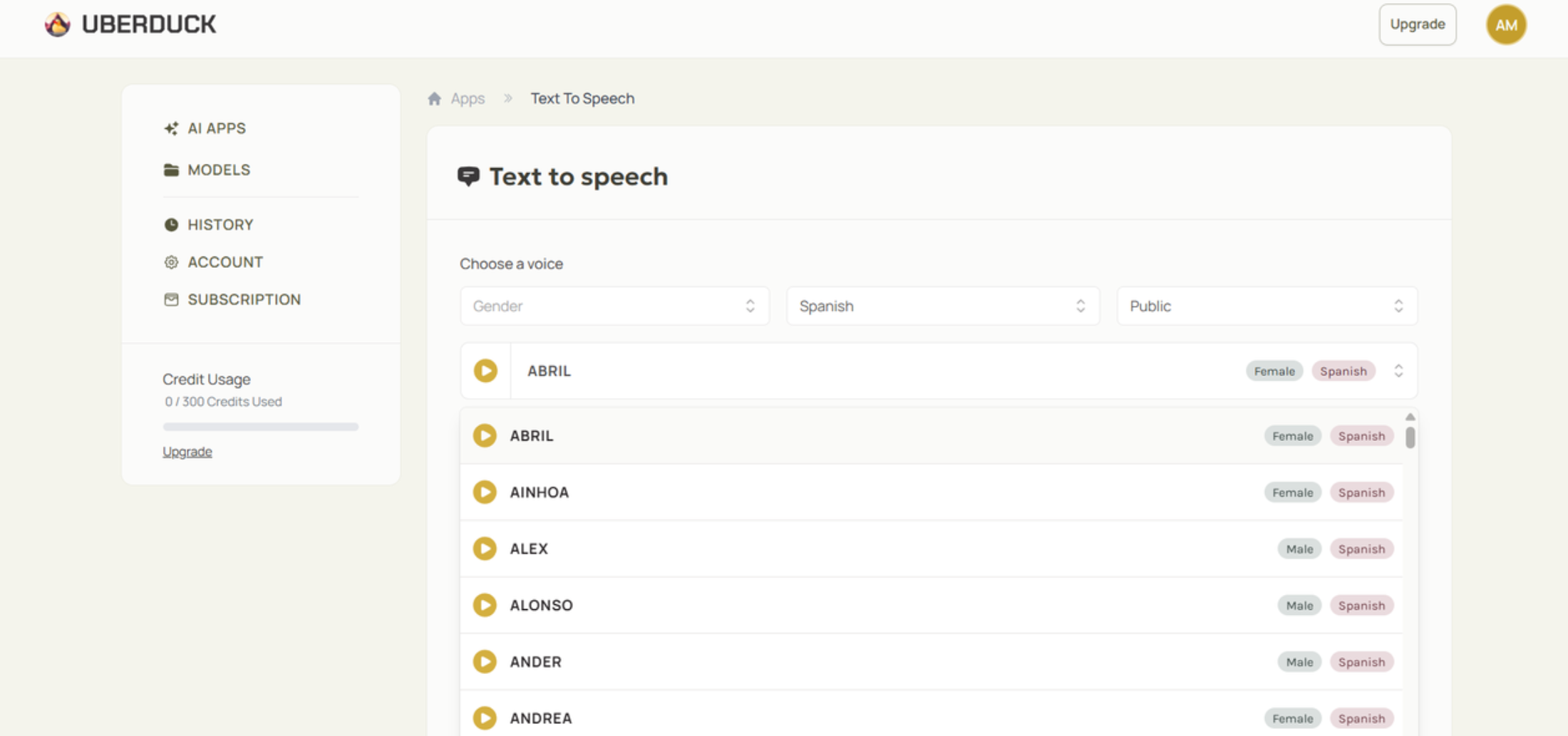 Uberduck. Interface de IA