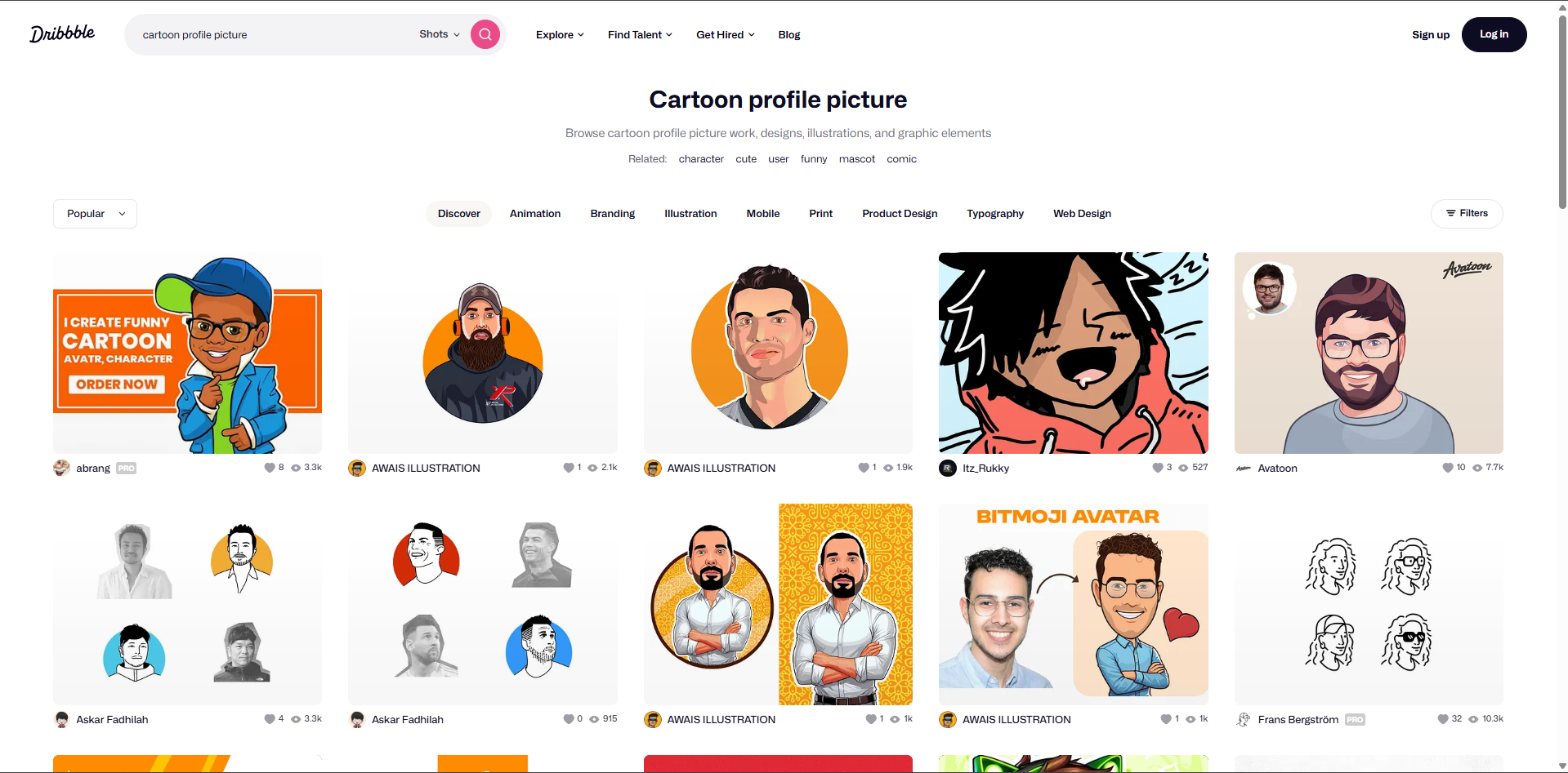 Interfaccia di Dribble - il luogo più apprezzato per trovare immagini di profilo in stile cartoon.