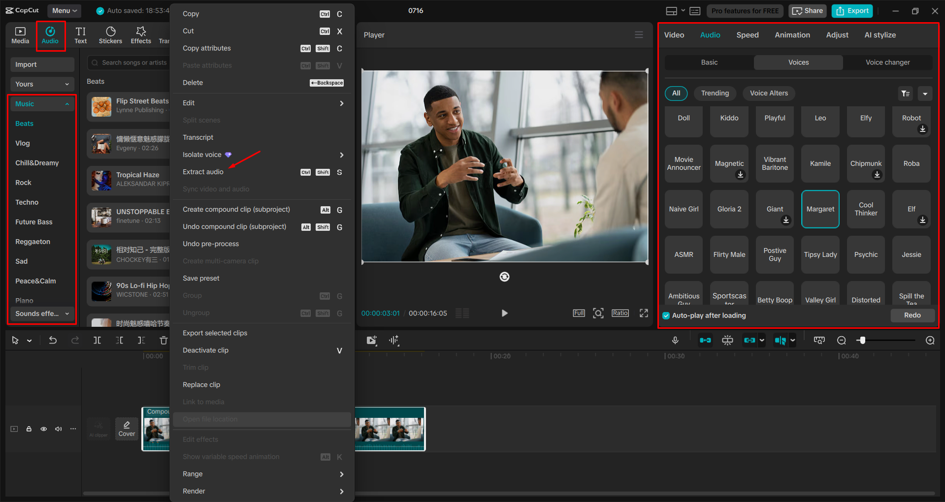 Changing the male voice to female in a video with the CapCut desktop video editor