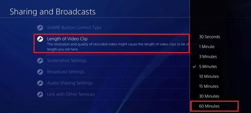 Sélectionnez la durée de la vidéo à 60 minutes