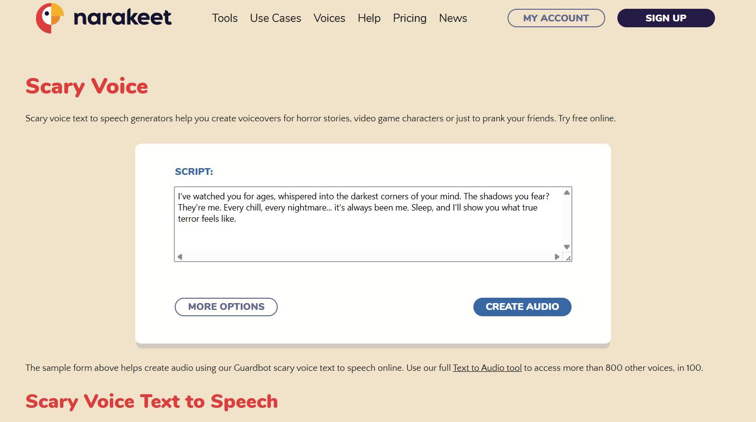 Narakeet scary voice TTS tool
