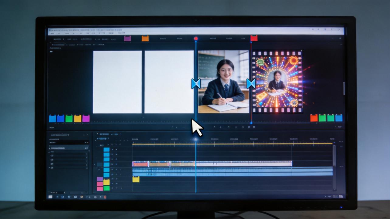 Video editor timeline with a photo transition between a student portrait and a colorful graphic
