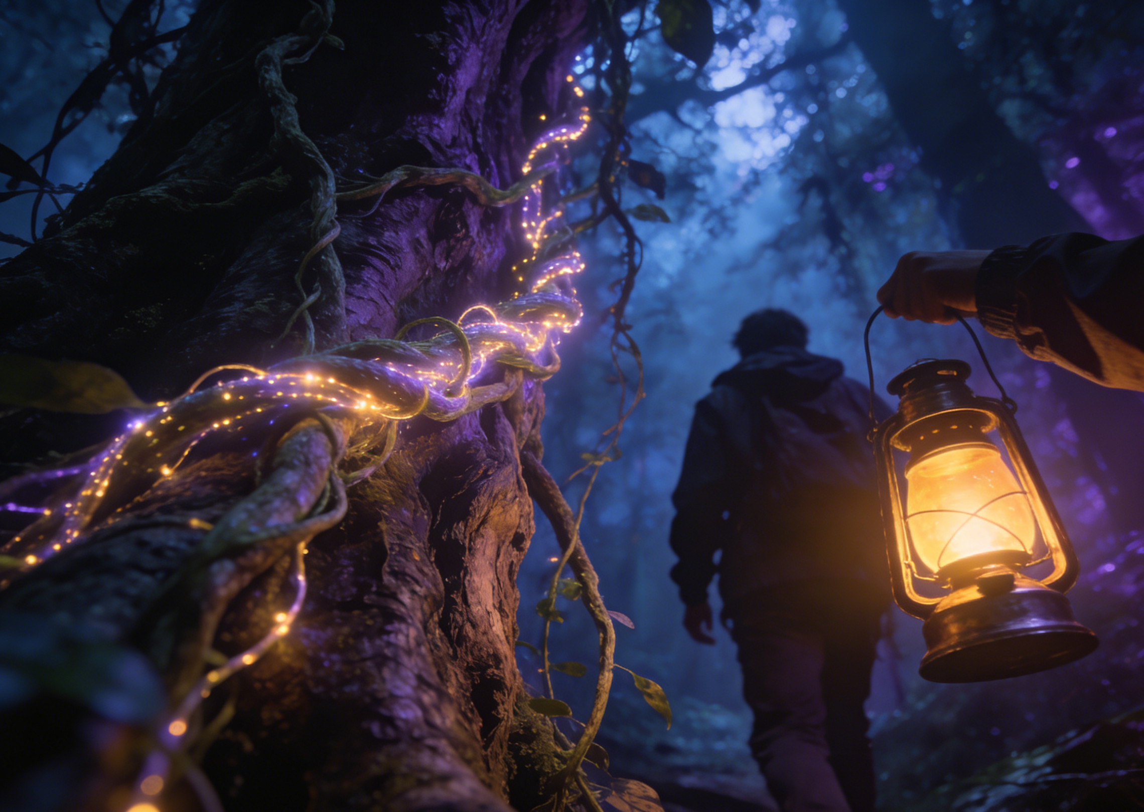 A bioluminescent jungle at midnight