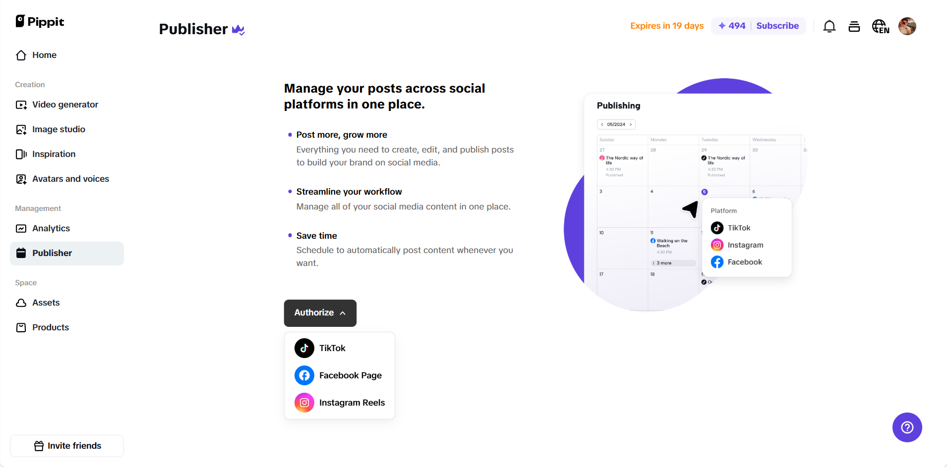 Pippit's auto publisher & analytics