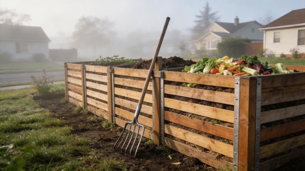 Backyard compost bins with food scraps and a pitchfork in a misty garden