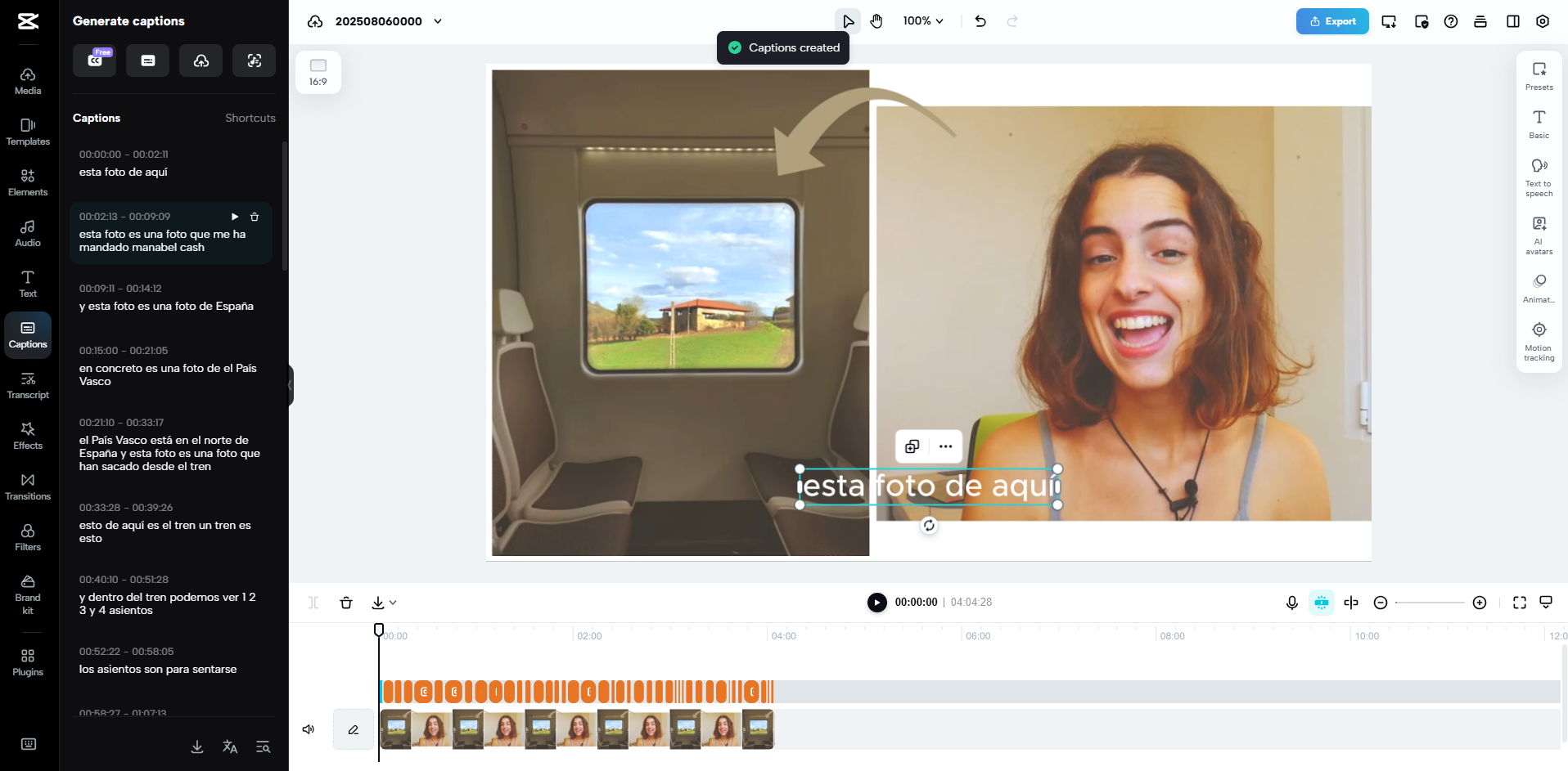 Interface do CapCut Web - uma maneira fácil de converter áudio em espanhol para texto em inglês em vídeos