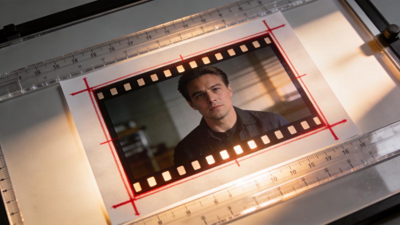 Film frame with a man centered inside red crop and safe-zone guides