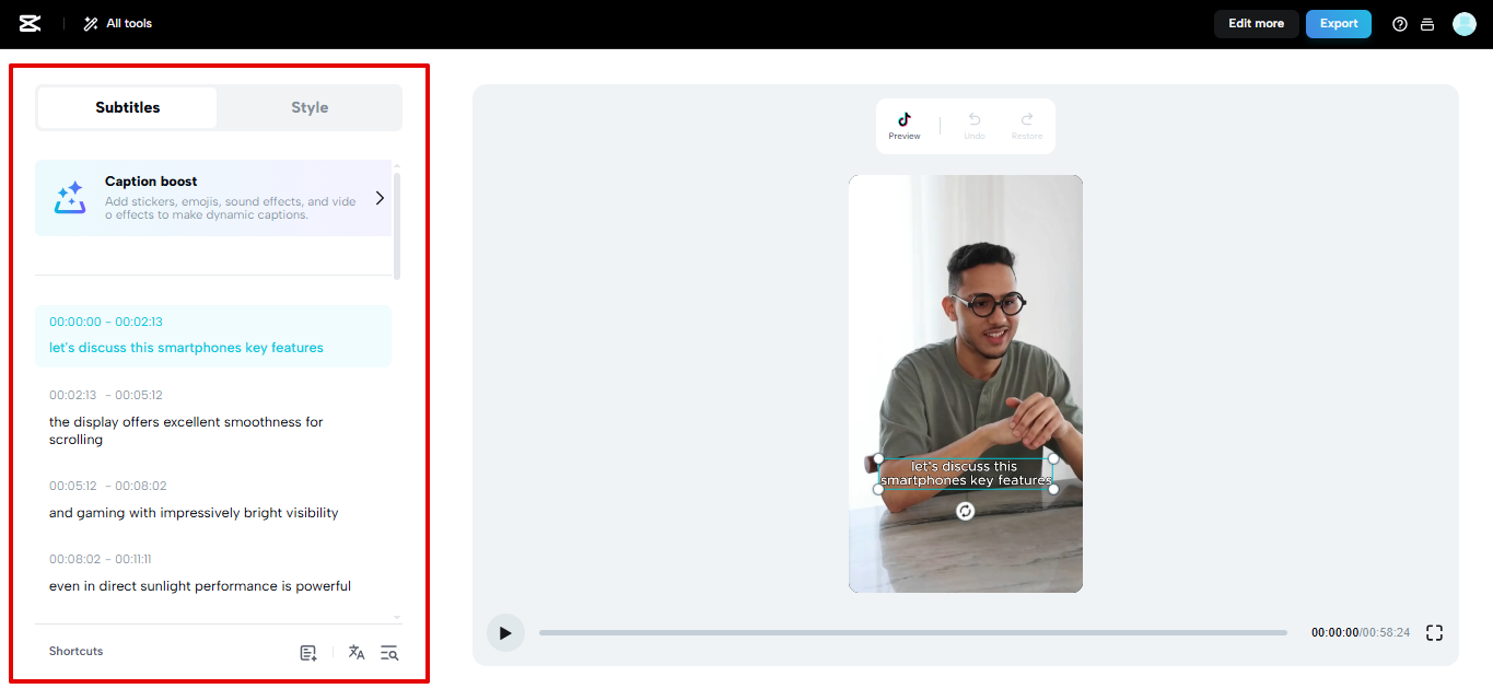 Editing subtitles in CapCut Web