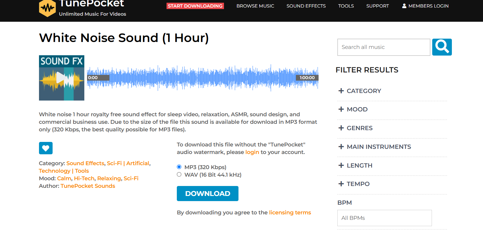 TunePocket is a great source of high-quality white noise MP3s
