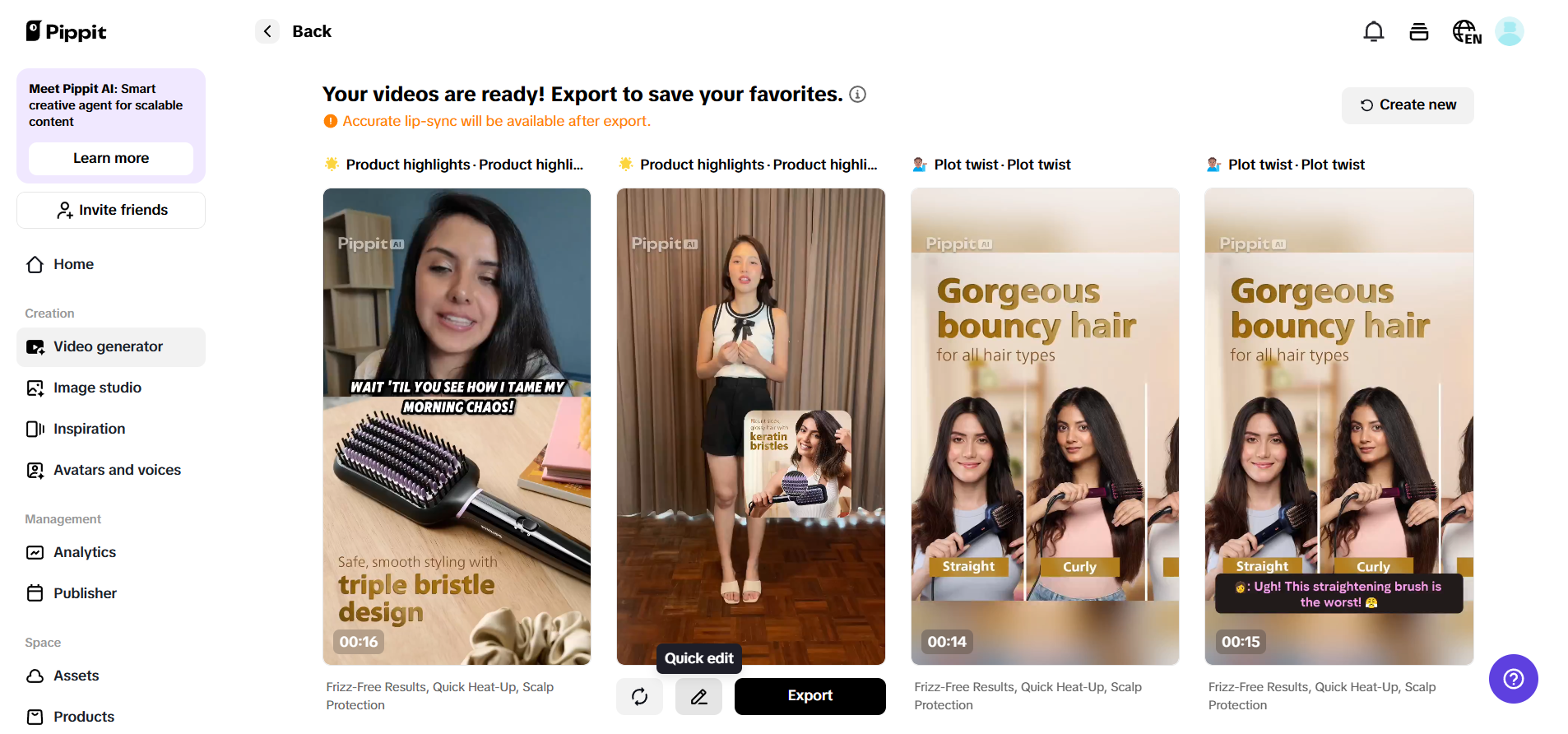 Preview generated videos and choose Quick edit