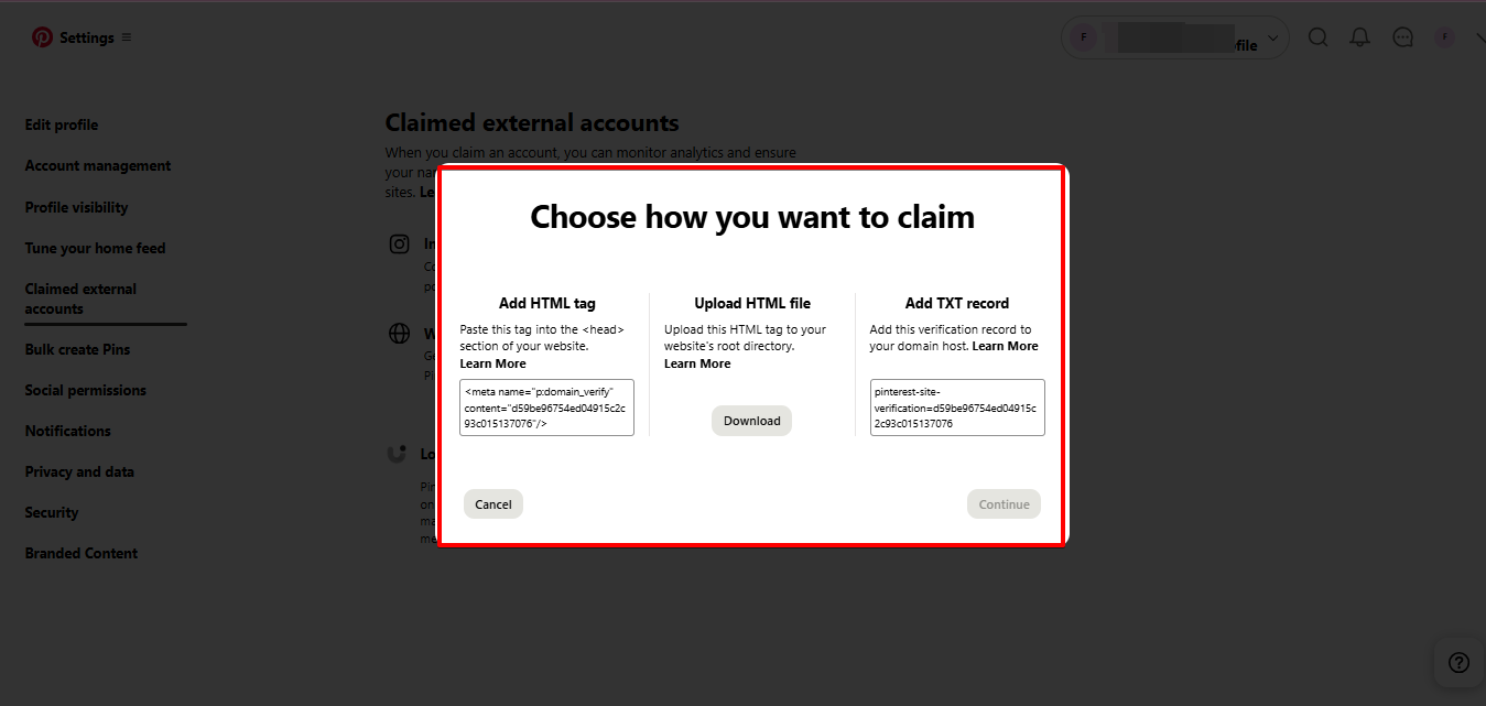 Claiming a website on Pinterest