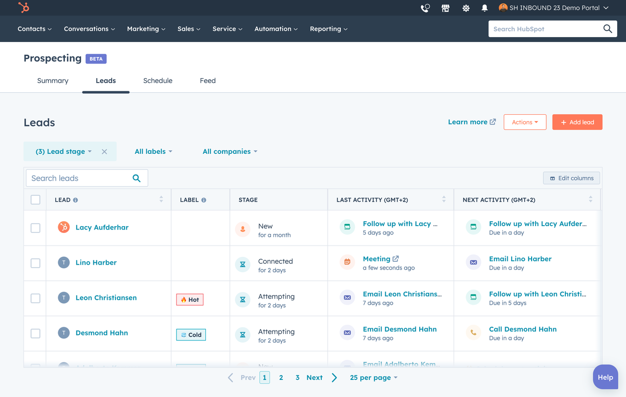 HubSpot leads interface