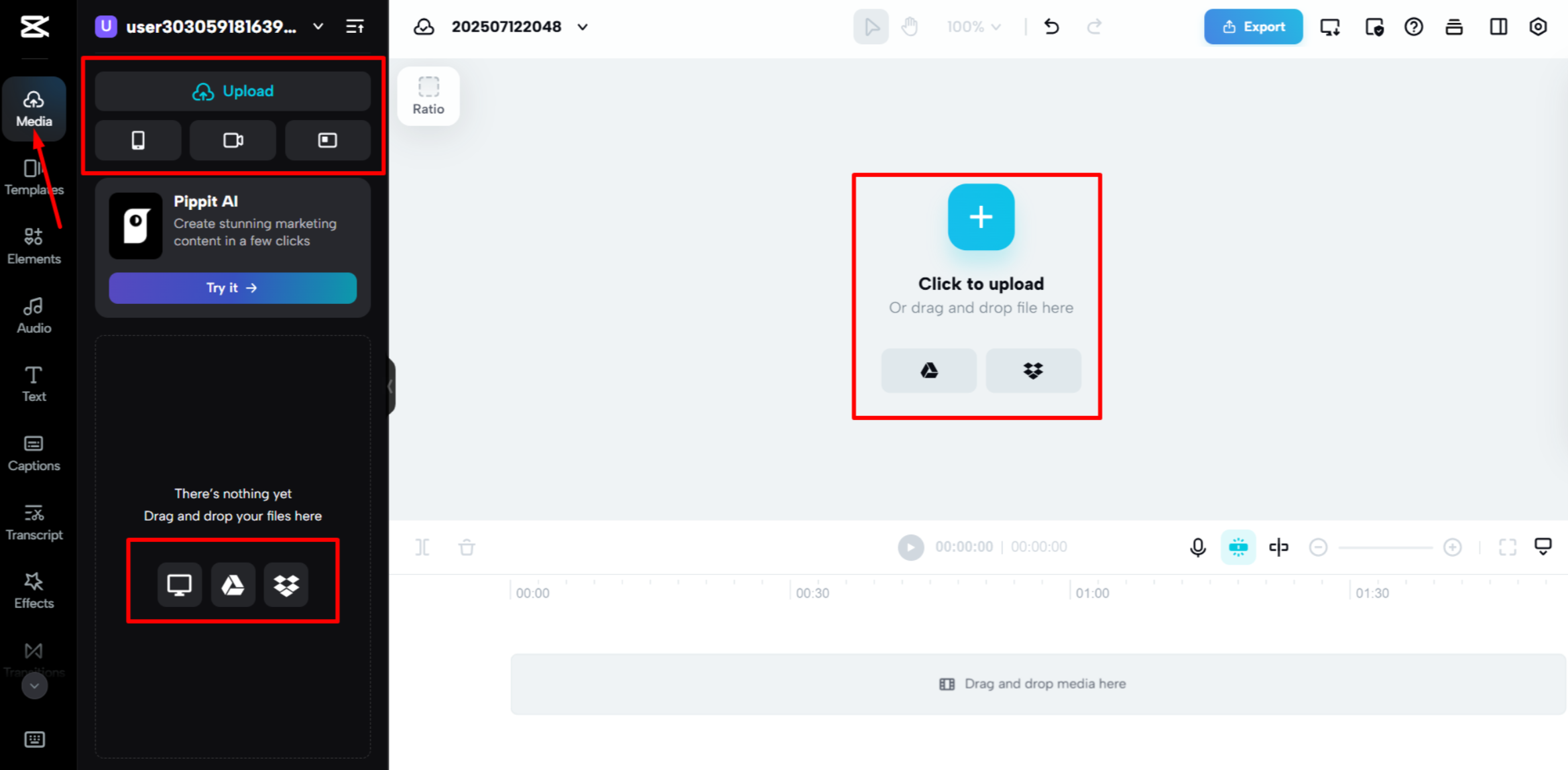 Importing video on the CapCut Web
