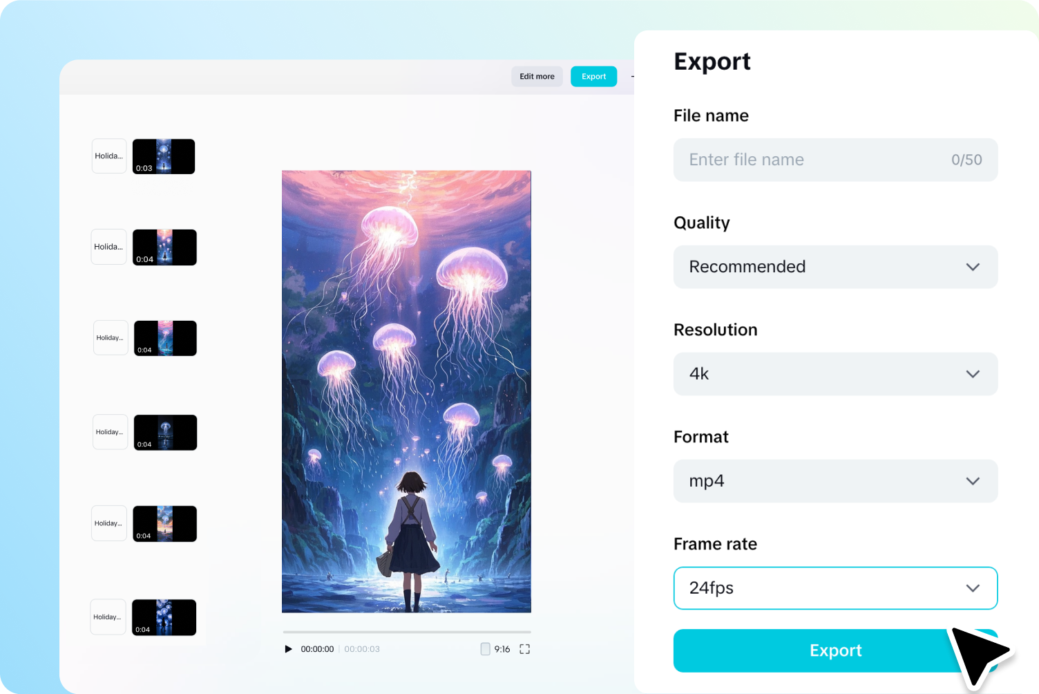 Export screen in CapCut AI video creator