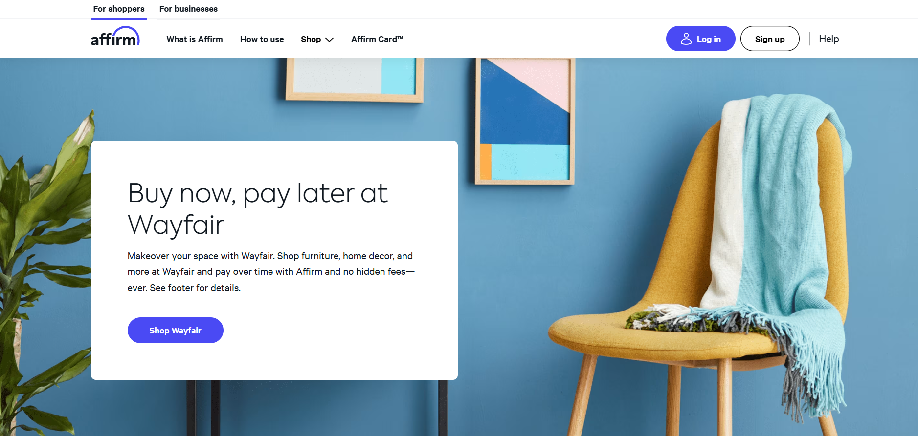 Wayfair (via Affirm) homepage