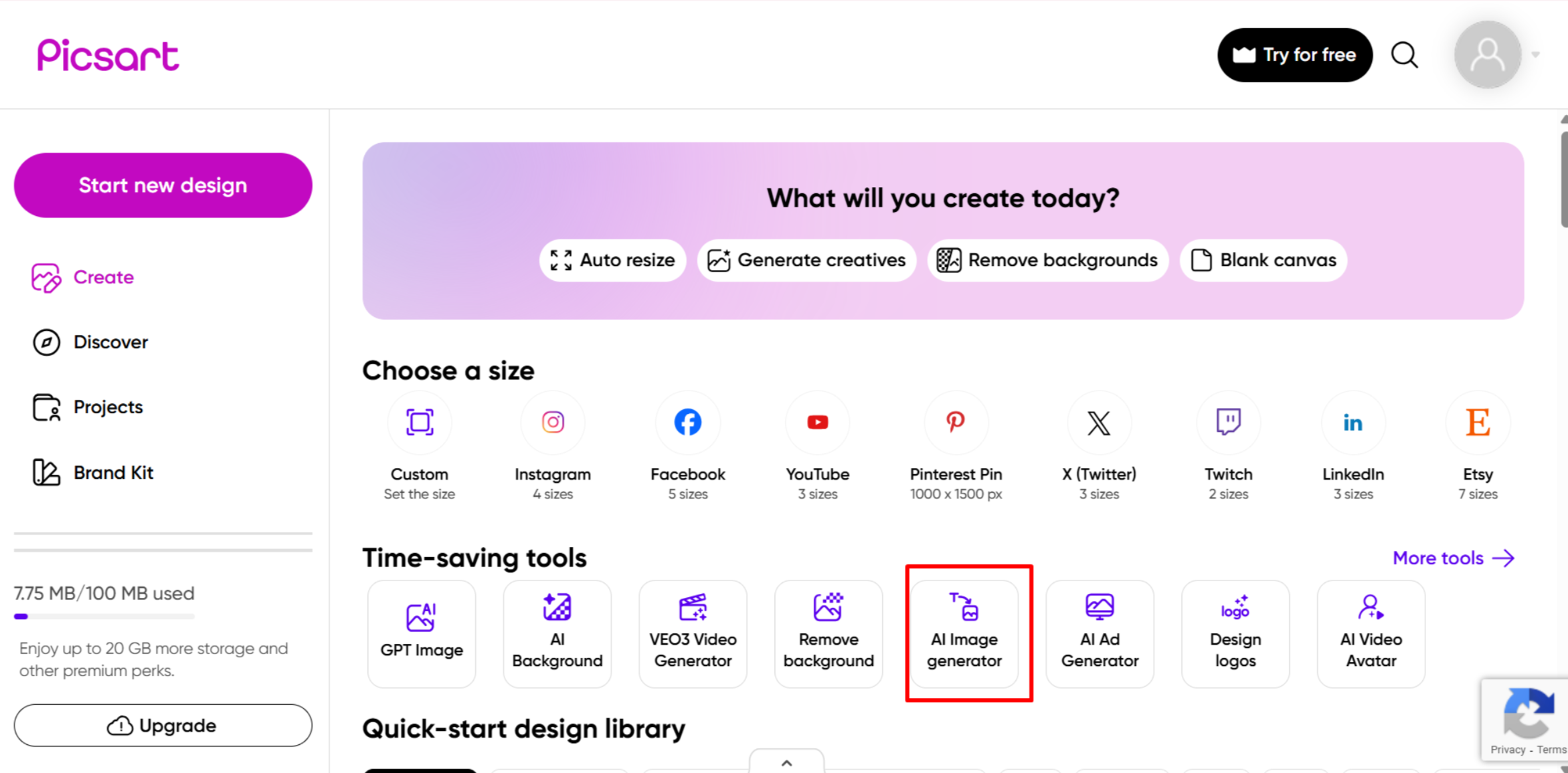 Accessing the AI image generator tool in Picsart