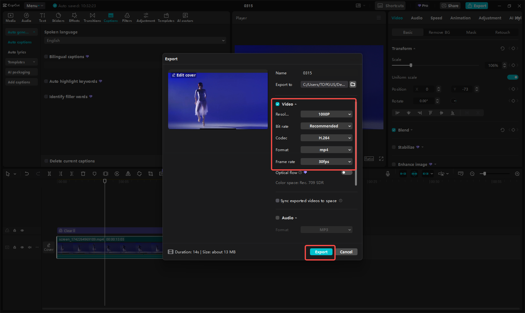 Exportieren des Videos in CapCut