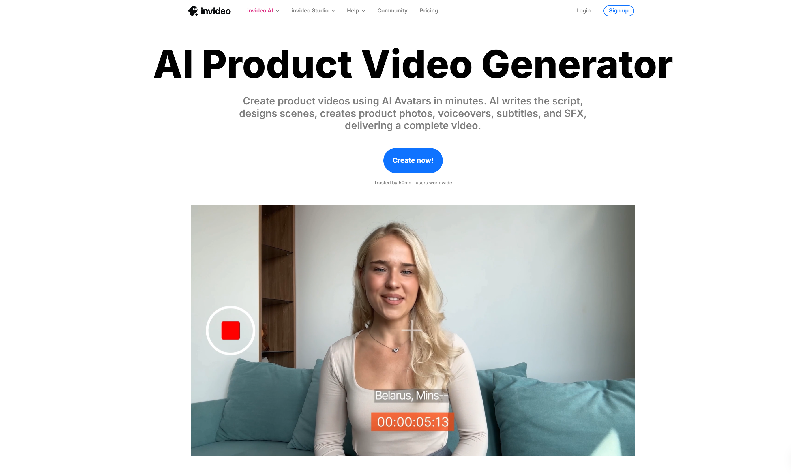 Gränssnitt för Invideo AI – ett verktyg för e-handelsvideoredigering