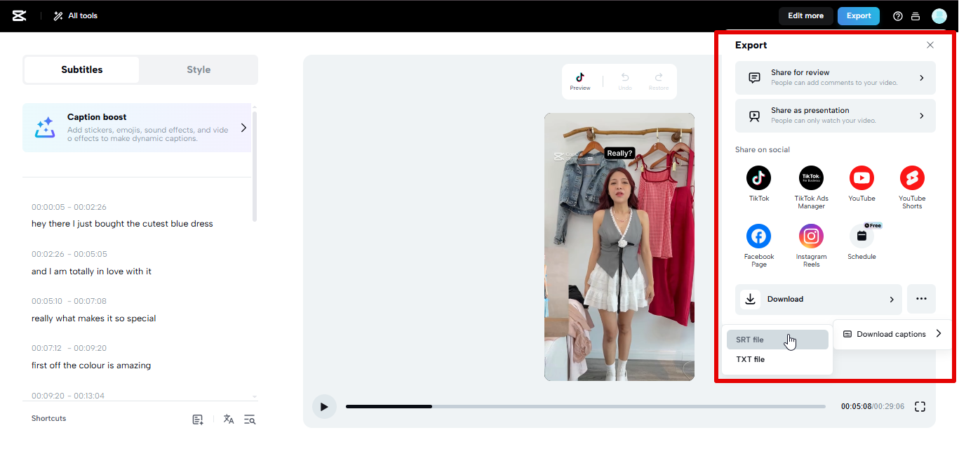การส่งออกคำบรรยายจาก CapCut Web
