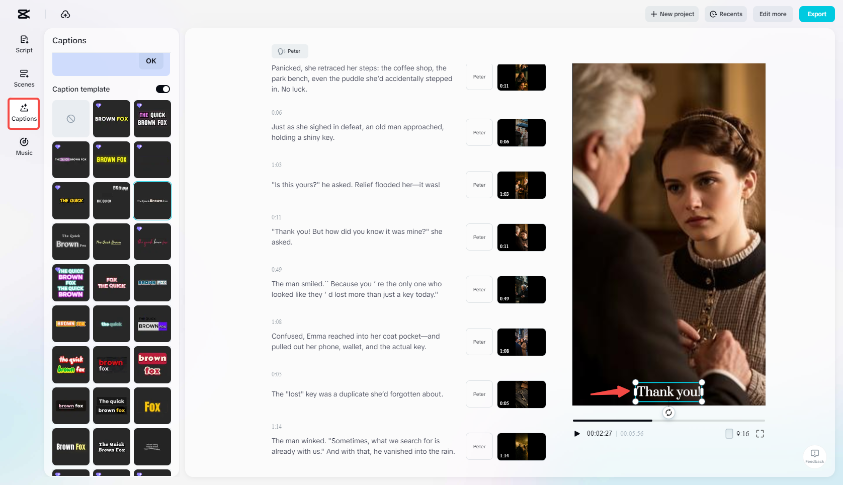 Edit video using the "Captions" feature