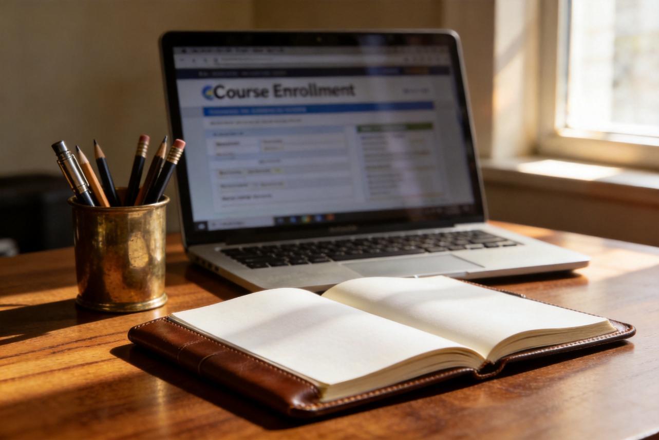 Open notebook on a desk with pencils and a laptop showing course enrollment