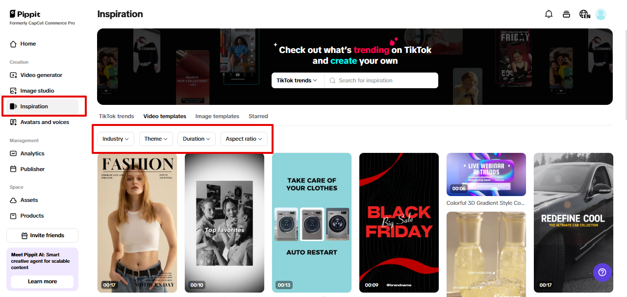 Video templates in Pippit