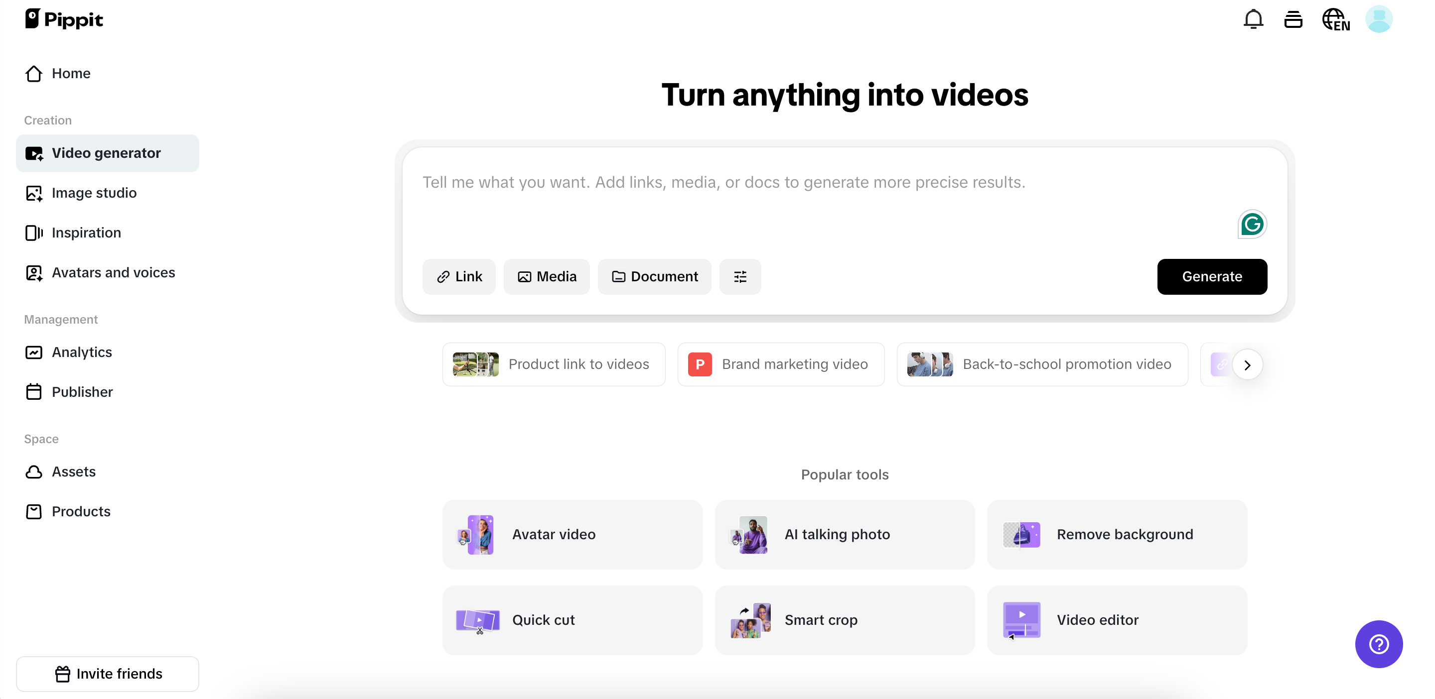Pippit's video generator dashboard