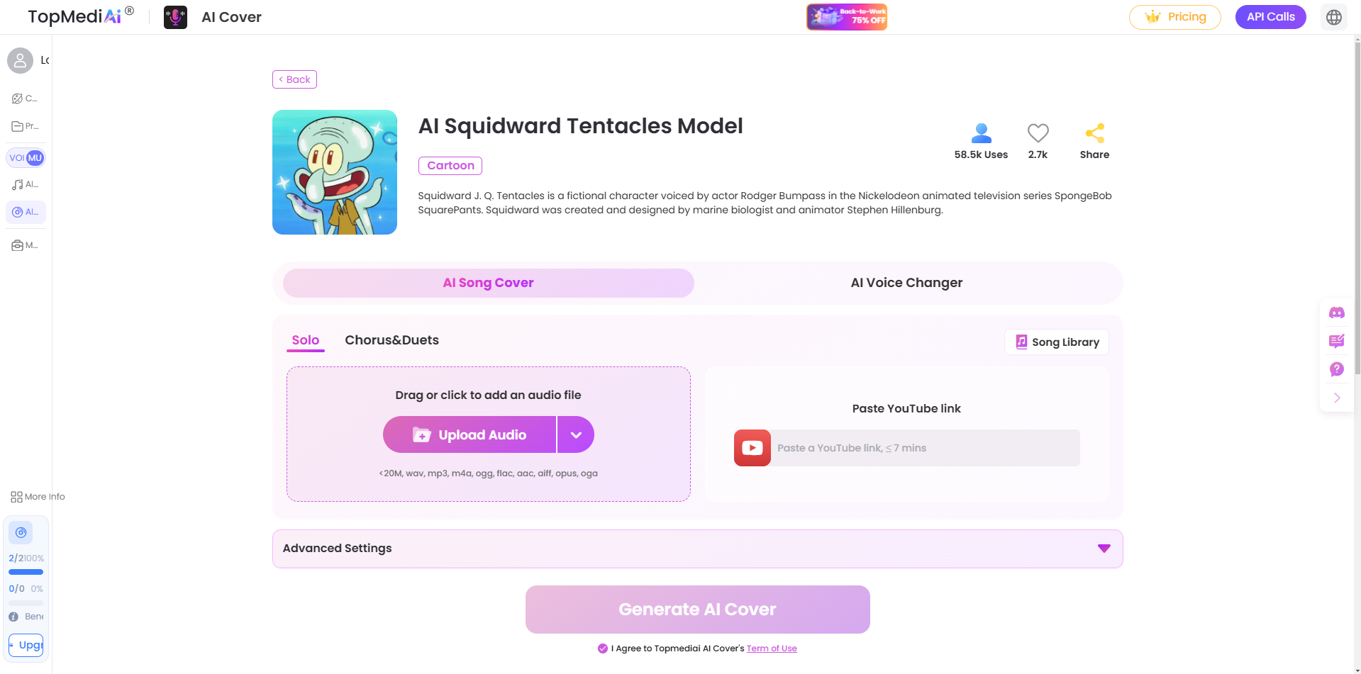 Antarmuka TopMedia AI - alat yang mudah digunakan untuk membuat suara Squidward AI
