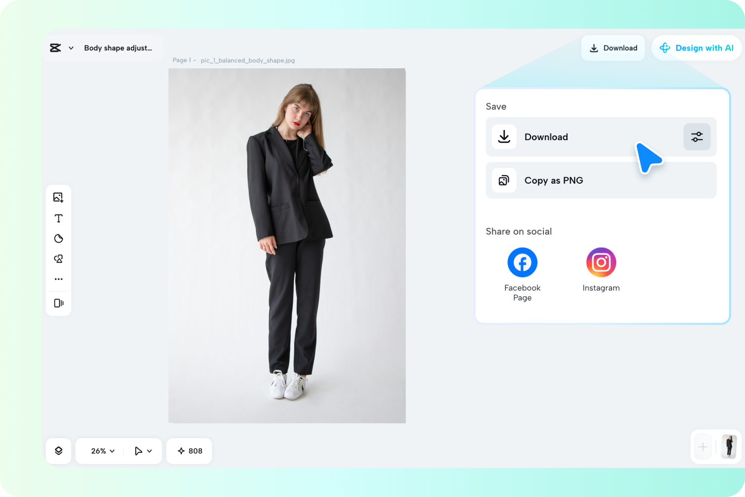 An AI design editor shows download, copy, and social sharing for a full-body image