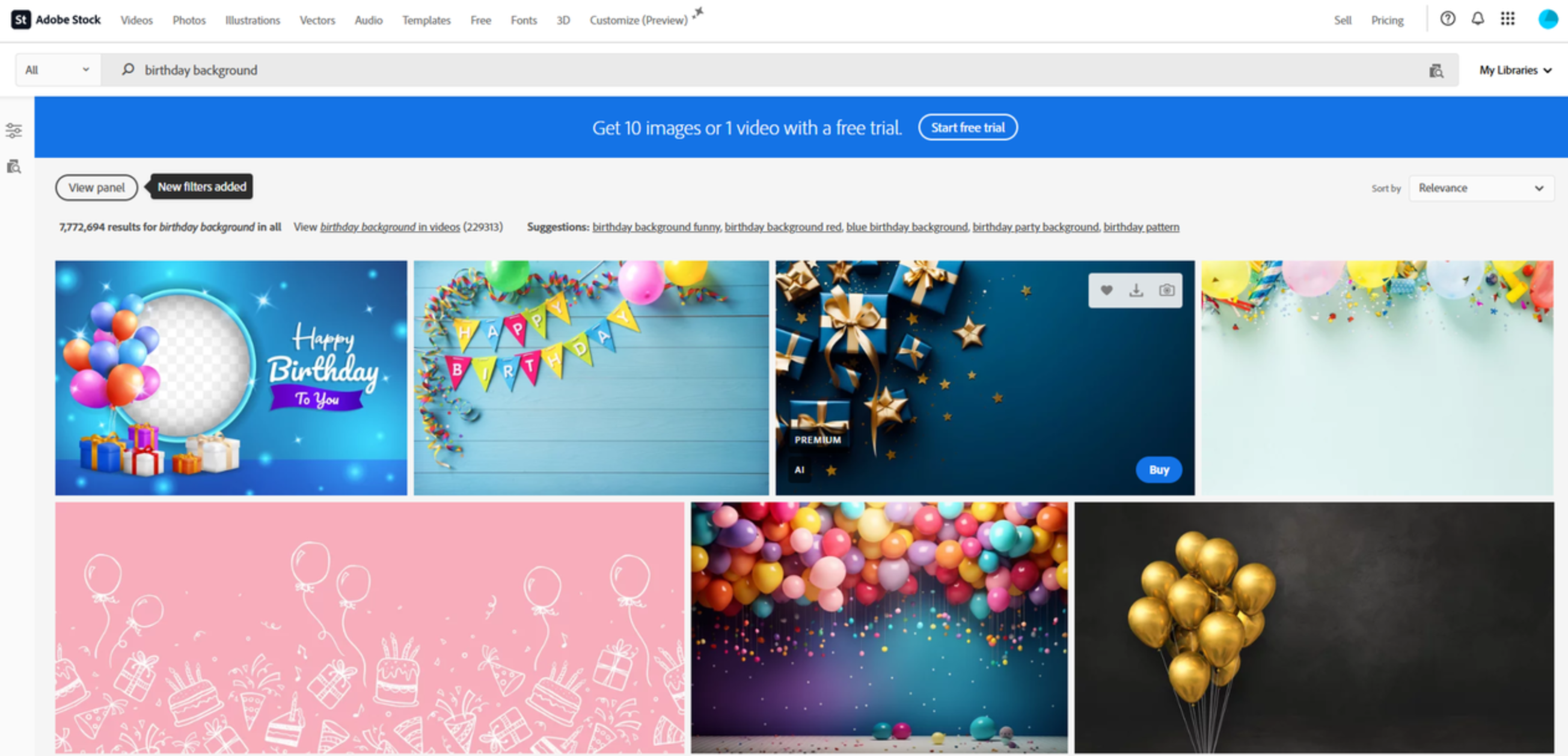 Interfaccia di Adobe Stock - un luogo ideale per trovare sfondi di compleanni